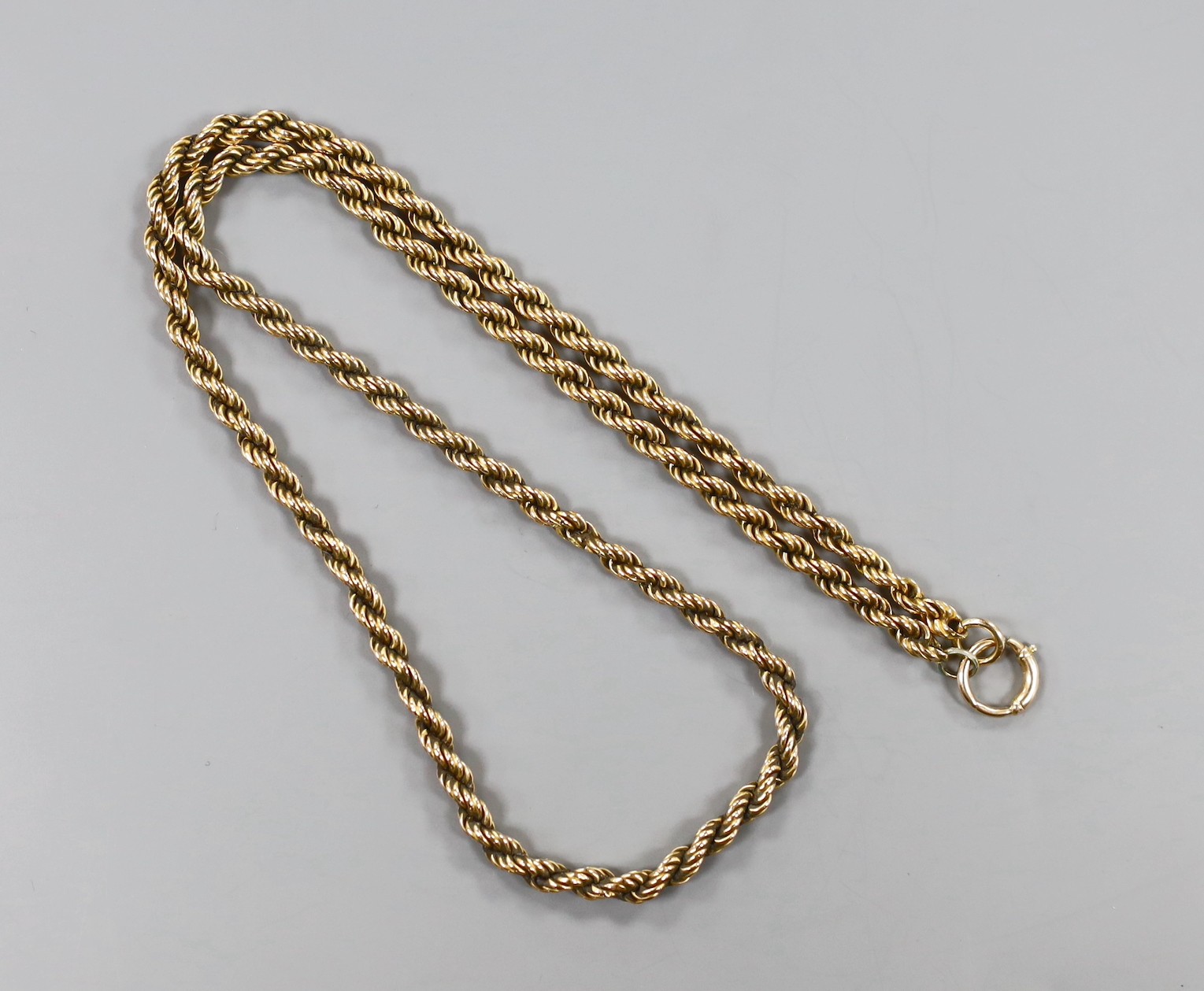 A yellow metal rope twist necklace, 48cm, 12.9 grams.